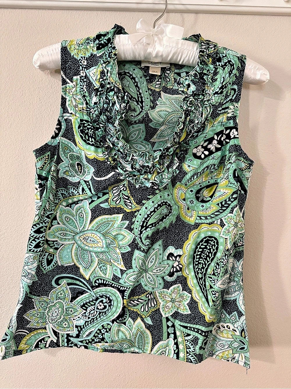 LOFT Paisley XS24 Sleeveless Top in Green & Black